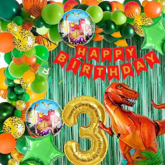 Scary Dinosaur Theme 3rd Birthday Party Decoration-53Pcs Combo 40pc Multicolor Balloons, 4pc Confetti Balloons, 1 Scary Dinosaur Foil Balloons set of 5, 1 Happy Birthday Banner, 2pc Green curtains, No.3 Foil Balloon (3rd Birthday)