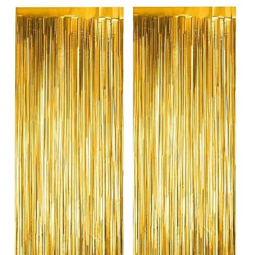 3 ft X 6 ft Metallic Gold Foil Curtain for Birthday Decorations/Anniversary (2 pc Gold Metallic Foil Fringe Curtain)