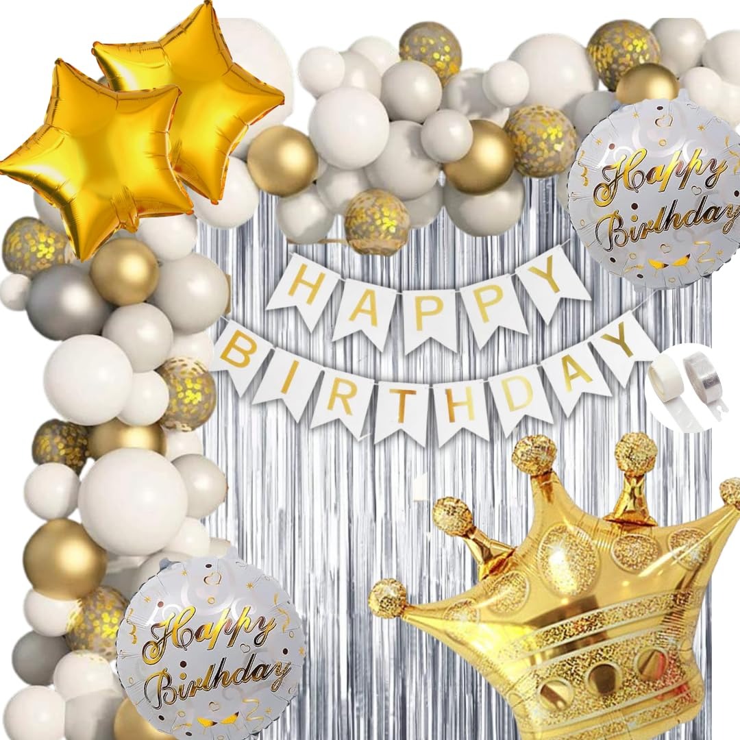 Golden Crown Theme Birthday Decorations for Boys, Girls, Kids Party - Prince Theme Birthday Decoration, Princess Birthday Decoration Set - Golden & White Birthday Decorations