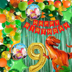 Scary Dinosaur Theme 9th Birthday Party Decoration-53Pcs Combo 40pc Multicolor Balloons, 4pc Confetti Balloons, 1 Scary Dinosaur Foil Balloons set of 5, 1 Happy Birthday Banner, 2pc Green curtains, No.9 Foil Balloon (9th Birthday)