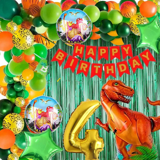 Scary Dinosaur Theme 4th Birthday Party Decoration-53Pcs Combo 40pc Multicolor Balloons, 4pc Confetti Balloons, 1 Scary Dinosaur Foil Balloons set of 5, 1 Happy Birthday Banner, 2pc Green curtains, No.4 Foil Balloon (4th Birthday)