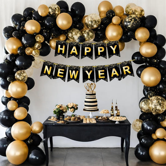 Happy New Year 2024 Decoration Kit - 1pc Happy New Year Banner, 20pc Black & Gold, 4 Gold Confetti Balloons | New Year Decoration