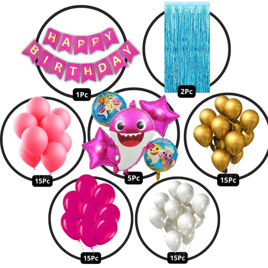 Pink Shark Theme Birthday Decorations Combo 68pc - 60 Balloons, 1 Banner, 1 5pc Shark Foil Balloon Set, 2 Blue Curtain (Pink Shark Birthday Decoration Theme )