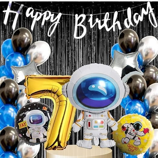 Astronaut Theme 7th Birthday Decoration - 45 Balloons, 5pc Astronaut Foil, 1 Black Curtain, 1 Banner, 7 No Balloon (Space Astronaut Seventh Birthday Theme Decoration for Boys / Kids)