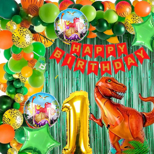 Scary Dinosaur Theme 1st Birthday Party Decoration-53Pcs Combo 40pc Multicolor Balloons, 4pc Confetti Balloons, 1 Scary Dinosaur Foil Balloons set of 5, 1 Happy Birthday Banner, 2pc Green curtains, No.1 Foil Balloon (1st Birthday)