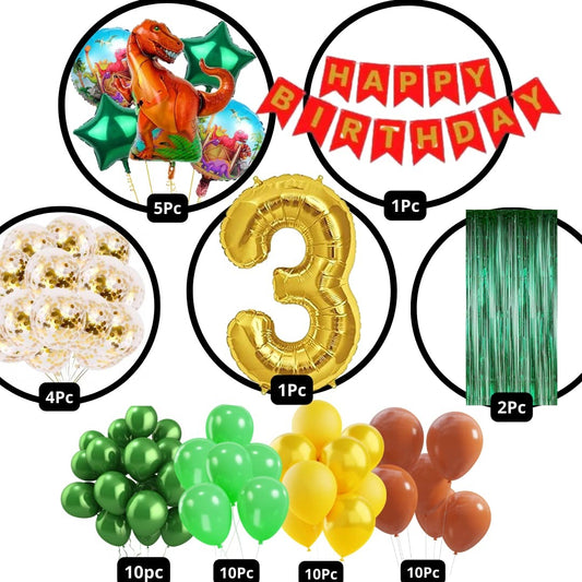 Scary Dinosaur Theme 3rd Birthday Party Decoration-53Pcs Combo 40pc Multicolor Balloons, 4pc Confetti Balloons, 1 Scary Dinosaur Foil Balloons set of 5, 1 Happy Birthday Banner, 2pc Green curtains, No.3 Foil Balloon (3rd Birthday)