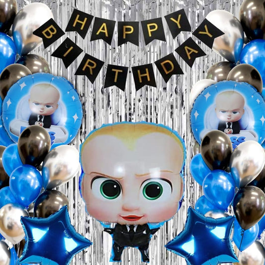 Baby Birthday Decorations for Boy / Girl / 1st Birthday - 60 Balloons, 5pc Baby Foil Set, 1 Banner, 2 Silver Curtain ( Cartoon Baby Theme Birthday Decorations Combo for 1st Birthday / Boys / Girls )