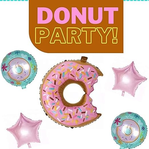 Donut Theme Foil Balloons Set of 5-1 Donut Balloon, 2 Pink Star Balloons, 2 Donut Round Balloons for Birthday/House Party for Boys, Kids, Adult