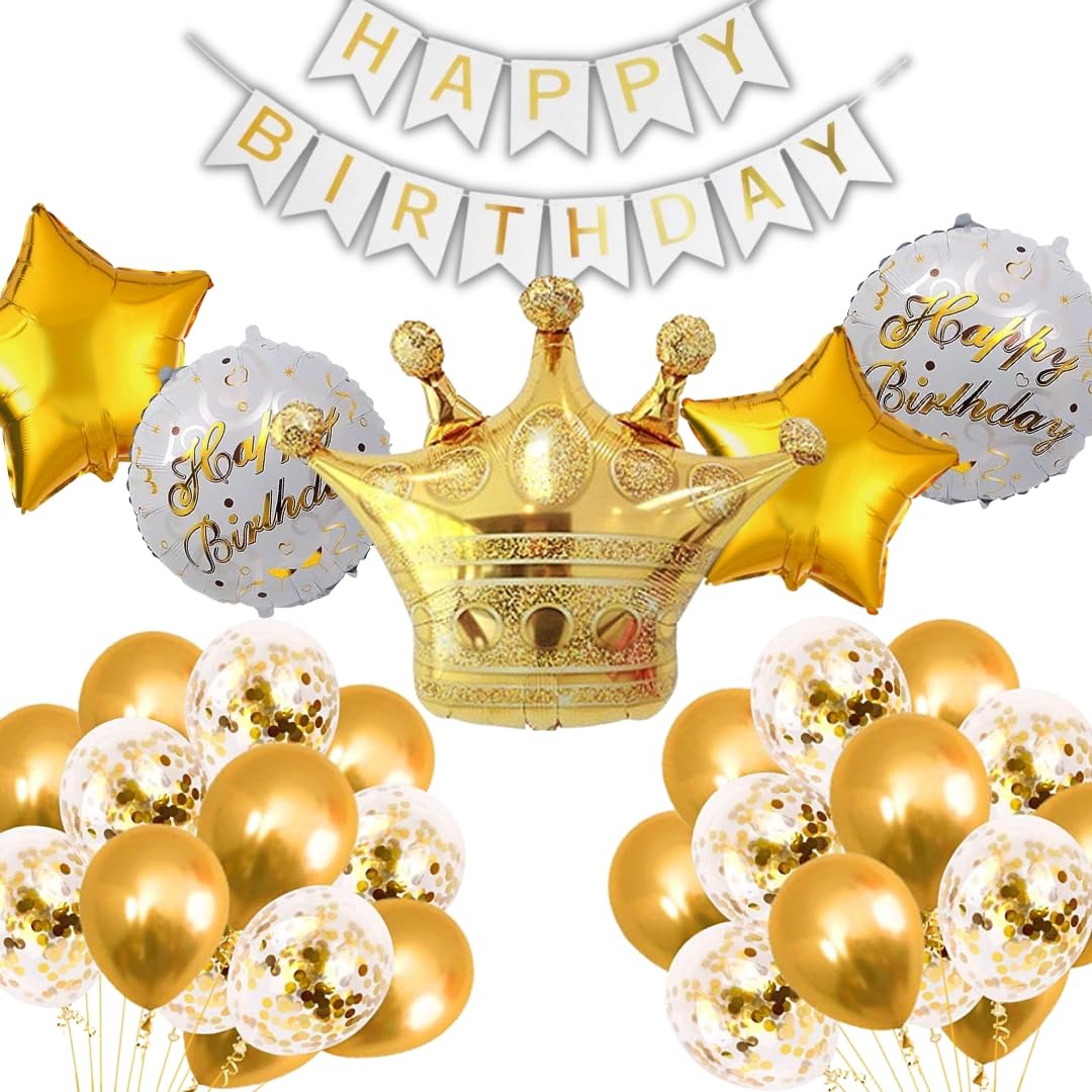 Golden Crown Theme Birthday Decorations for Boys, Girls, Kids Party - Prince Theme Birthday Decoration, Princess Birthday Decoration Set - Golden & White Birthday Decorations