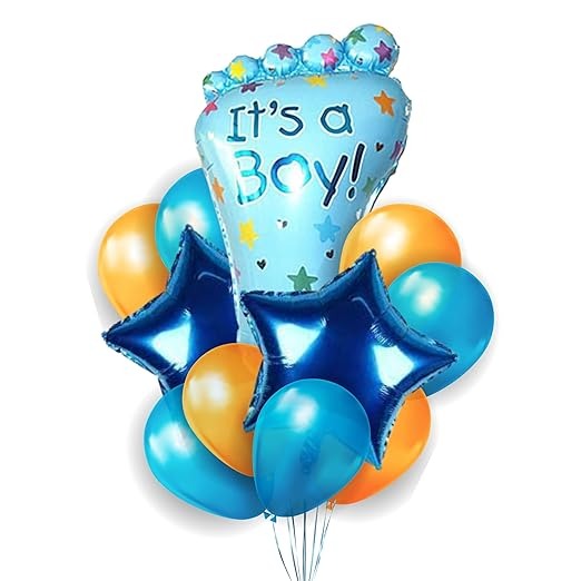 Blue Baby Feet Balloon (It's a Boy), 10 Blue and Gold Balloons, 2 Star Balloons - Baby Shower Decoration, Welcome Baby Balloons