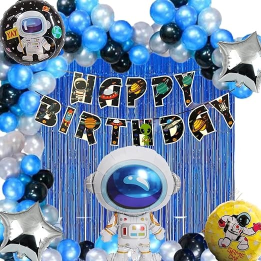 Premium Astronaut Theme Birthday Decorations for Boys, Kids Party, Girls - Space Theme Birthday Decoration Set, Silver, Black & Blue Birthday Decorations, Space Birthday Decoration Theme