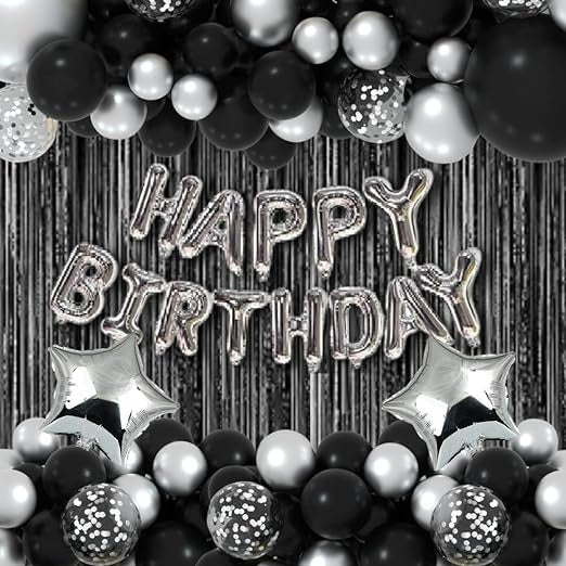 Silver & Black Theme Birthday Decoration for Boys, Girls, Adults - Star Theme Birthday Decorations - Silver & Black Birthday Decorations