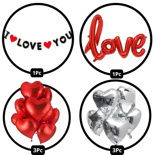 Valentines Day Decoration Pack - 1pc I love you Banner, 6pc Red & Silver Heart balloons, 1pc Red Love Balloon
