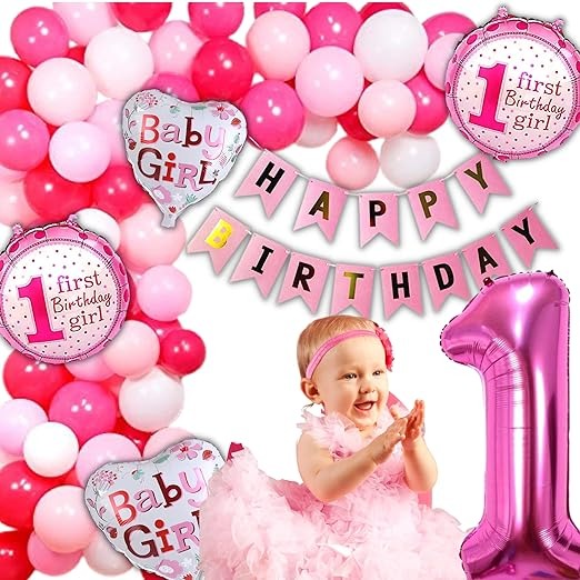1st Birthday Decorations for Girls - 60pc Balloons, 1 Birthday Banner, First birthday girl foil balloon set of 5 ( Pink First Theme Birthday Decoration for Girls )