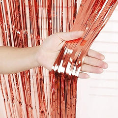 3 ft X 6 ft 10 inches Rose Gold Metallic Fringe Curtains for Anniversary Parties, Birthday Party (2Pc Rose Gold Metallic Tinsel Foil Fringe Curtains)