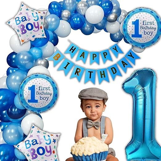 1st Birthday Decoration Kit for Boys - 66pc Combo- 60pc Blue, Silver & White balloons, 1 banner, 1st birthday foil balloon Set of 5 ( First Birthday Theme Decorations for Boys )