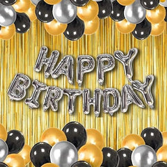 Birthday set - 45 Gold, Black & Silver Balloons, Happy Birthday silver letter Balloon, 2pc gold Curtain