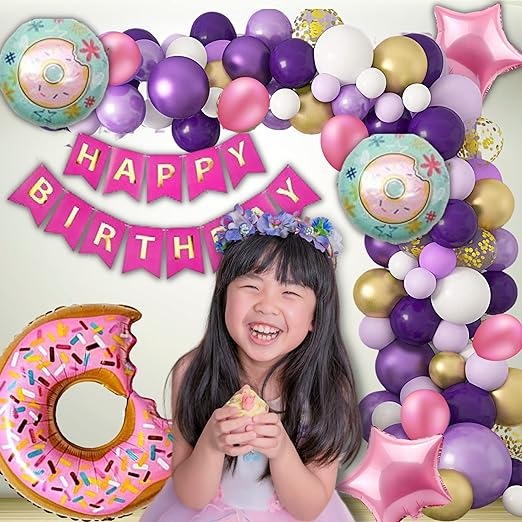 Donut Theme Birthday Decoration Combo of 66-15 Purple, 15 Pink,15 White & 15 Gold Balloons, 1 Donut Foil Balloon Set of 5, 1 Paper Birthday Banner (Donut Birthday Party Decorations)