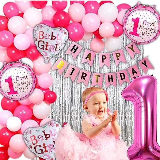 1st Birthday Decorations for Girls - 60pc Balloons, 1 Birthday Banner, First birthday girl foil balloon set of 5 , 2pc Silver Curtains ( Pink First Theme Birthday Decoration for Girls )