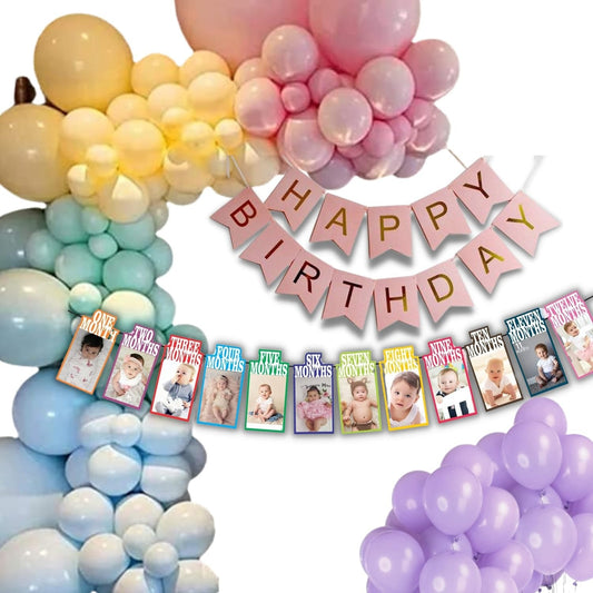 1st Birthday Decoration for Girls - 52pc combo - 50 Multicolor Balloons, 1 Banner, 1 0-12 Months Photo Banner, First birthday decorations girls ( First Birthday Theme Decoration for Girls)