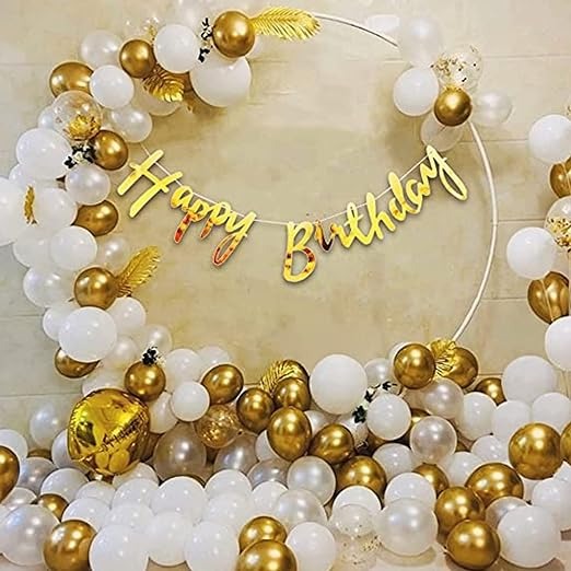 51pc Gold & White Birthday Decoration Kit - 50pc Multicolor Balloons, 1 Banner ( 51pc Theme Birthday Decoration Items for Girls / Boys / First Birthday Combo )