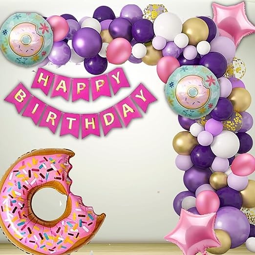 Donut Theme Birthday Decoration Combo of 66-15 Purple, 15 Pink,15 White & 15 Gold Balloons, 1 Donut Foil Balloon Set of 5, 1 Paper Birthday Banner (Donut Birthday Party Decorations)