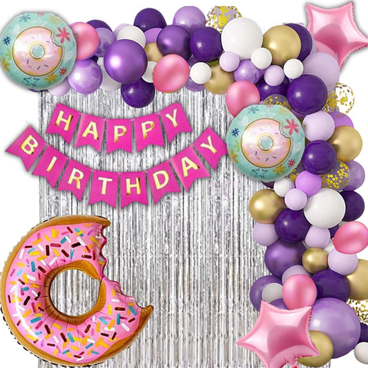 Donut theme decoration Pack - 67Pcs Combo, 15 Purple, 15 Pink,15 White & 15 Gold Balloons, 1 Donut Foil Balloons set of 5, 1 Birthday Banner, 1pc Silver Curtain