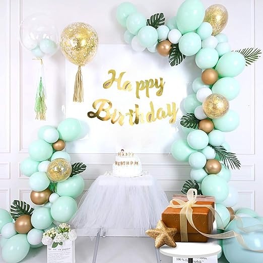 51pc Pastel Green & Gold Birthday Decoration Items for Girls / Boys / 1st / Adult Birthday - 50pc Multicolor Balloons, 1 Banner ( 51pc Golden & Green Theme Birthday Decoration Kit )
