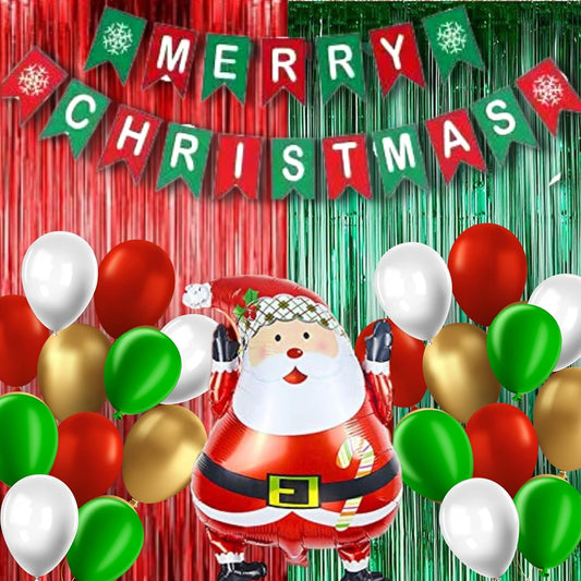 44pc Red-Green Christmas Party Decoration Kit, Merry Christmas Banner, 32'inch Santa Balloon for Christmas and New Year Party Celebration