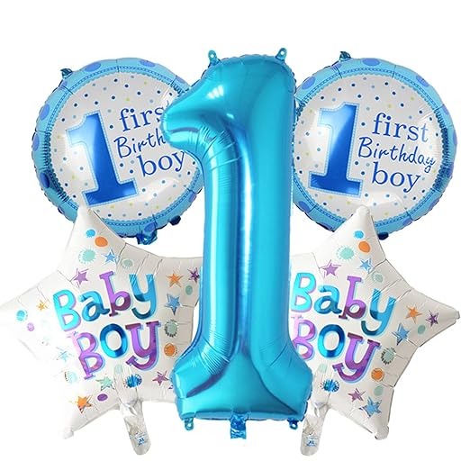 1st Birthday Decoration Kit for Boys - 68pc Combo- 60pc Multicolor Balloons, 1 banner, 1st birthday foil balloon Set of 5, 2 Curtains ( First Birthday Theme Decorations for Boys )