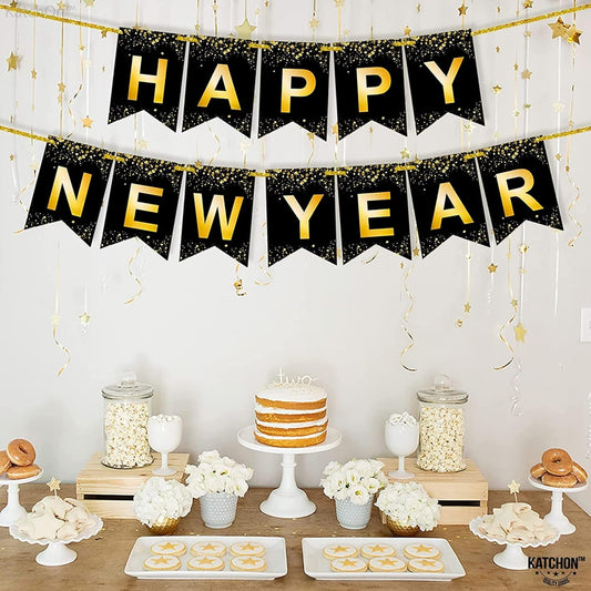 Happy New Year 2024 Decoration Kit - 1pc Happy New Year Banner, 20pc Black & Gold, 4 Gold Confetti Balloons | New Year Decoration