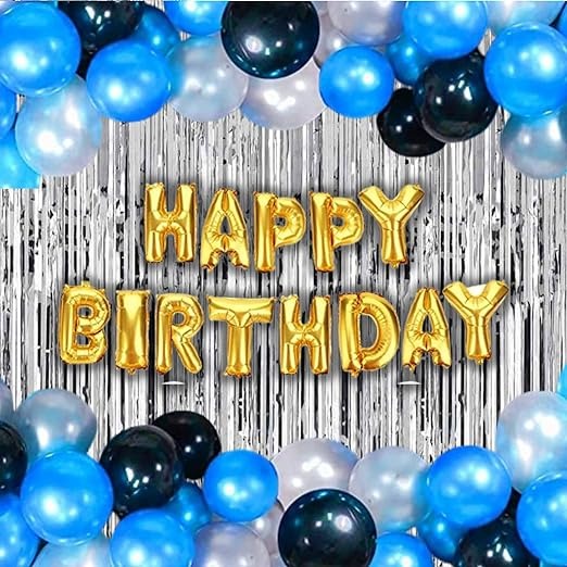 Birthday decoration Combo - 45 Blue, Black & Silver balloons, Happy Birthday Gold letter Balloon, 2pc Silver Curtain | Blue birthday decor | Happy birthday boy or girl
