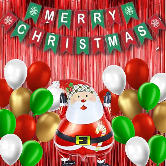 43pc Christmas Party Decoration Kit, Merry Christmas Banner, 32'inch Santa Balloon, 1pc Red Foil Curtain and balloons for Christmas and New Year Party Celebration