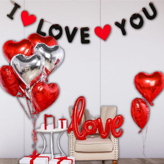 Valentines Day Decoration Pack - 1pc I love you Banner, 6pc Red & Silver Heart balloons, 1pc Red Love Balloon