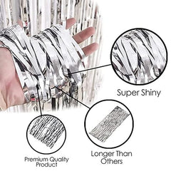 3 ft X 6 ft Metallic Silver Foil Curtain for Birthday Decorations/Anniversary (2 pc Silver Metallic Foil Fringe Curtain)