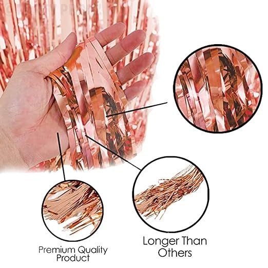 3 ft X 6 ft 10 inches Rose Gold Metallic Fringe Curtains for Anniversary Parties, Birthday Party (2Pc Rose Gold Metallic Tinsel Foil Fringe Curtains)