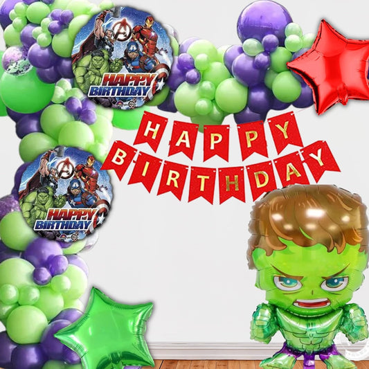 Superhero Theme Birthday Decoration Pack for Boys / Girls / Kids Party 66Pc - Superhero foil balloon set of 5, 60 Multicolor Balloons, 1 Birthday Banner ( Green Superhero Birthday Theme Decoration Set )