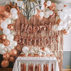 Rose Gold Birthday decoration Pack - 45 Pcs Balloons,13 letter Happy Birthday Foil Balloon, 2 Rose Gold Curtains ( Rose Gold Theme Birthday Decorations, Rose Gold Balloons for Birthday Decorations)