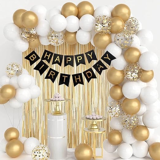 62Pc Gold and White Birthday Combo - Birthday Banner | Gold Fringe Foil Curtain | Gold Birthday decoration Items / Adult, Kids Birthday decor