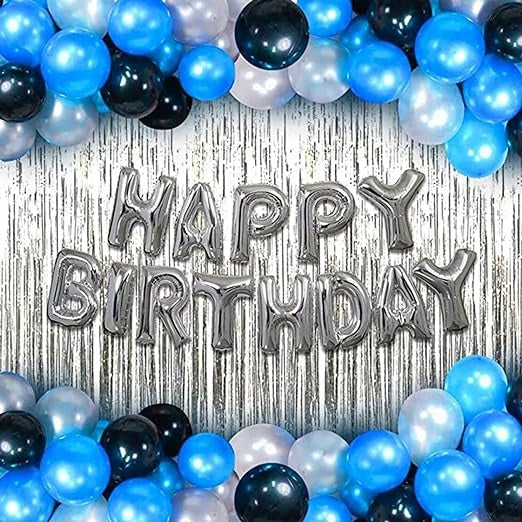 Birthday decoration Combo - 45 Blue, Black & Silver balloons, Happy Birthday Silver letter Balloon, 2pc Silver Curtain | Boy Birthday decoration | Blue Birthday Decor