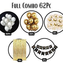 62Pc Gold and White Birthday Combo - Birthday Banner | Gold Fringe Foil Curtain | Gold Birthday decoration Items / Adult, Kids Birthday decor