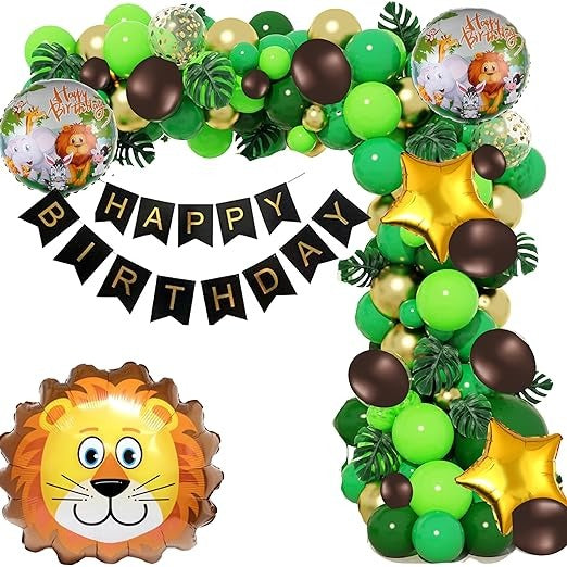 Jungle Theme Birthday Decoration Pack of 66 - 60 Balloons, 1 Banner, 5pc Lion Foil Balloon Set ( Animal Birthday Decoration Set)