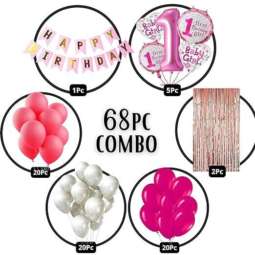1st Birthday Decorations for Girls - 60pc Balloons, 1 Pink Happy Birthday banner, 1st birthday girl foil balloon Set of 5, 2pc Rose Gold Curtains ( Pink First Theme Birthday Decoration for Girls )