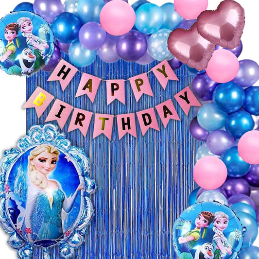 Frozen Theme Birthday Decoration Set of 68pc for Girls- 5pc Princess Elsa Foil Balloon, 60pc multicolor Balloons, 2 pc Blue Curtains, 1 Banner ( Elsa Princess Theme Birthday Decoration)