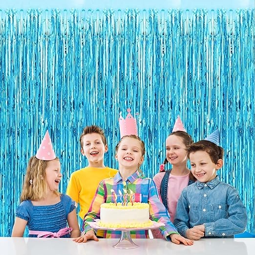 3 ft X 6 ft Metallic Light Blue Foil Curtain for Birthday Decorations / Anniversary (3 pc Light Blue Metallic Foil Fringe Curtain)
