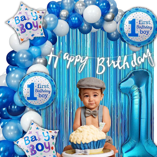 1st Birthday Decoration Kit for Boys - 68pc Combo- 60pc Multicolor Balloons, 1 banner, 1st birthday foil balloon Set of 5, 2 Curtains ( First Birthday Theme Decorations for Boys )