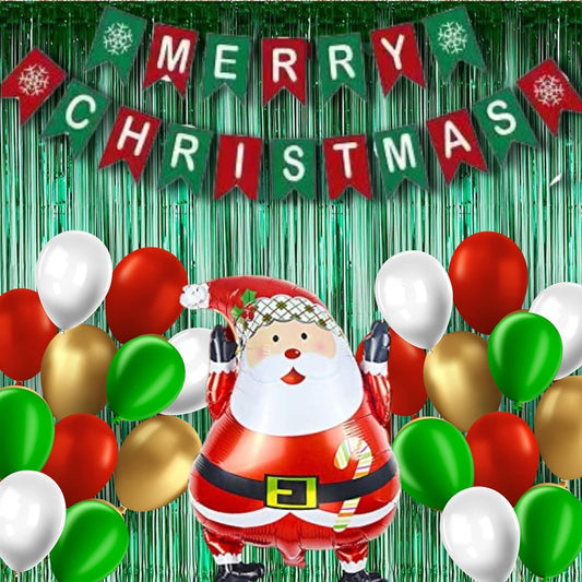 43pc Christmas Party Decoration Kit, Merry Christmas Banner, 32'inch Santa Balloon for Christmas, 1pc Green foil curtain for Christmas