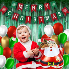 43pc Christmas Party Decoration Kit, Merry Christmas Banner, 32'inch Santa Balloon for Christmas, 1pc Green foil curtain for Christmas