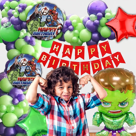 Superhero Theme Birthday Decoration Pack for Boys / Girls / Kids Party 66Pc - Superhero foil balloon set of 5, 60 Multicolor Balloons, 1 Birthday Banner ( Green Superhero Birthday Theme Decoration Set )