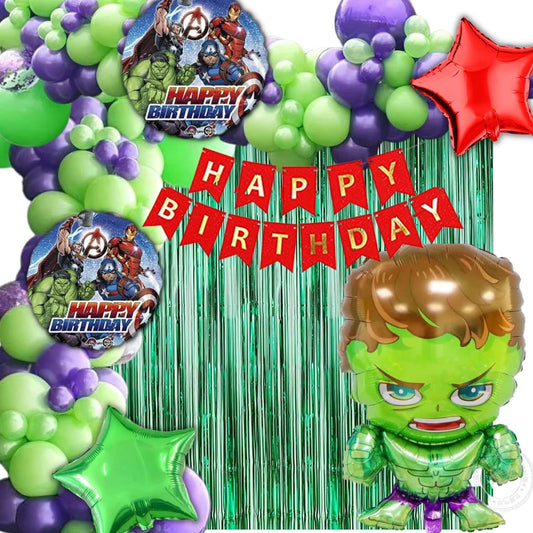 Superhero Theme Birthday Decoration Pack for Boys / Girls / Kids Party 68Pc - Superhero foil balloon set of 5, 60 Multicolor Balloons, 1 Birthday Banner, 2 Green Curtain ( Green Superhero Birthday Theme Decoration Set )